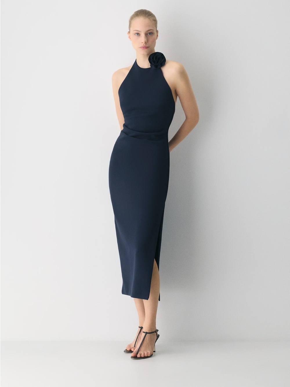 Halter Neck Midi Dress with Rosette Detail - Navy